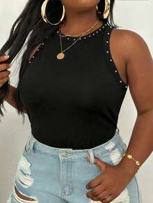 Slaydiva Top ajustado de cuello redondo con diseño de tachuelas para mujer de talla grande, adecuado para el verano - Multicolor - Ver 3