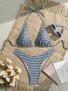 Swim Mod Tie Neck Backless Striped Bikini Swimsuit, Fashionable Summer Two-Piece - Multicolor - View 2