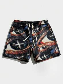 ROMWE MEN Street Life Men's Casual Fashion Street Full-Print Eye Pattern Drawstring Waist Shorts, Summer - Multicolor - View 1