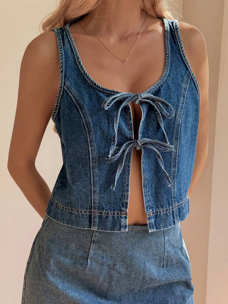 Women's Summer Loose Fit Crew Neck Tie Bow Decor Sleeveless Camisole Top, Casual Vacation Denim Wash Blouse
