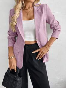 SHEIN 女款藕紫色翻領單排扣西裝外套，秋季休閒商務辦公穿搭，純色長袖修身百搭商務款 - 粉色 - 查看 8
