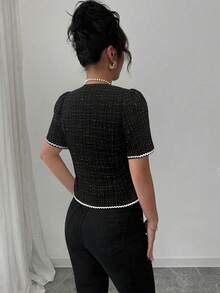 Elenzga Women's Elegant Black And White Summer Jacquard Wavy Ribbon Short Sleeve Blouse,Classy Button Up Tweed Top For Business Casual Tea Party Outfits - Black - View 2