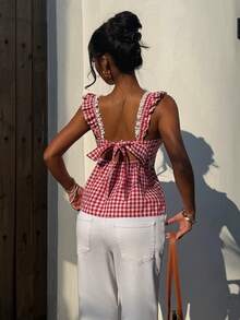 Aloruh New Spring/Summer Women Sexy Sweet Cute Gingham Lace Trim Heart Neck Backless Bow Tie Slim Fit Camisole Vacation Party Tank Top - Red - View 2