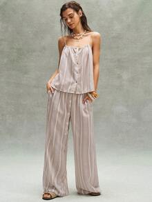 Bohemela 2pcs Women Casual Woven Striped Camisole & Loose Pants Set - Apricot - View 3