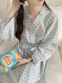 1 件 Ditsy 花卉 V 领甜美风格睡袍，春秋格子印花长袖浴袍，高端家居服适合日常居家、度假、户外、酒店，是洗完澡后回到学校居家和度假的理想选择 - 彩色 - 查看 14