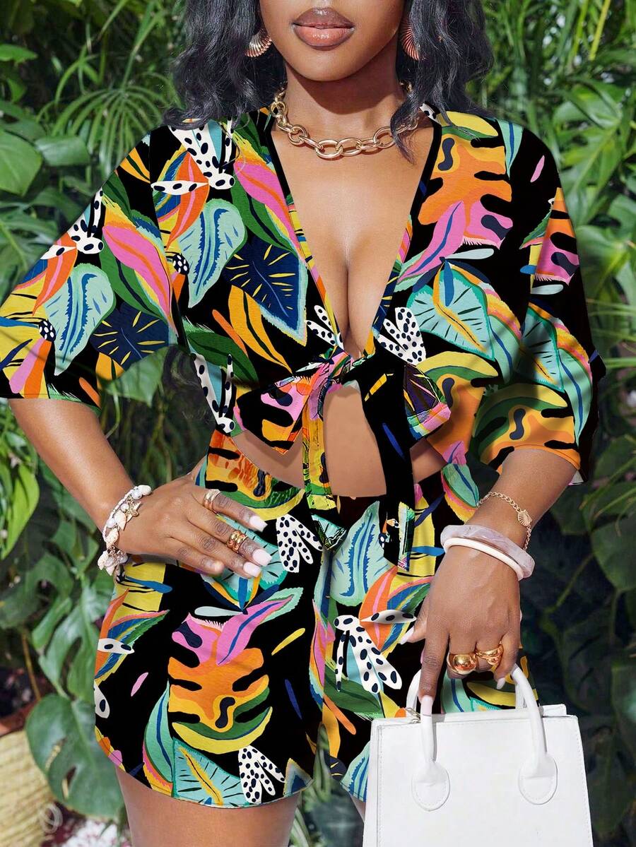 Slaydiva Vacation White Front Tie Hollow Out 3/4 Sleeve Loose Jumpsuit Women's Shorts Women's Resort Wear Vacation Outfits Women Tropical Women's Summer Women's Tropical Print Outfit - Multicolor - View 1