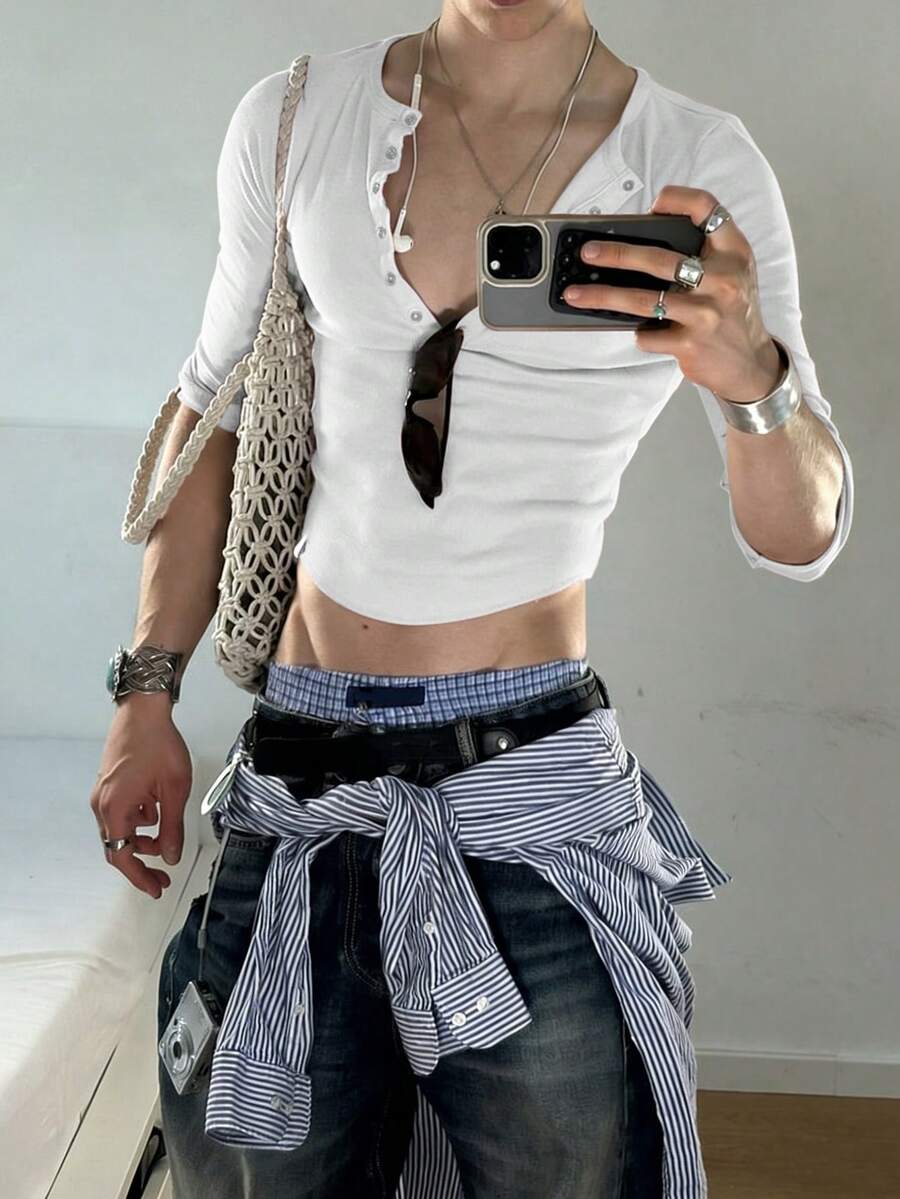 Manfinity Dauomo 男士休闲纯色短款T恤 - 白色 - 查看 1