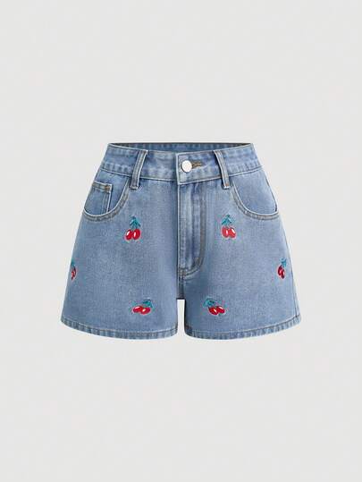 Rivivi Women's Cherry Embroidery Pocket Casual Denim Shorts