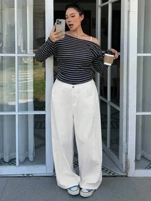 Dazy Plus 大码女式直筒长款白色牛仔裤，四季休闲 - 白色 - 查看 11