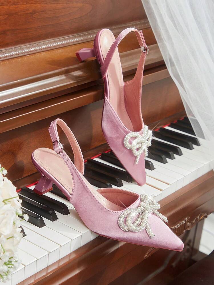 CUCCOO HITCHD Women Shoes Classic Simple Fashion High Heels Pointed Toe Thin Heels Slingback Shoes, Faux Pearl Bow Decorative Kitten And Women's Shoes, Workplace Light Party Elegant Temperament High Heels Summer Shoes Wedding Shoes Bride Shoes