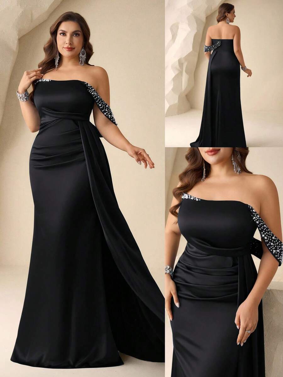 Coutiva 大码女式拼接仿珍珠装饰优雅正式晚礼服（缀饰繁复） - 黑色 - 查看 1