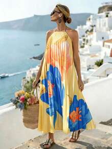 EMERY ROSE Plus Size Boho Pleated Halter Sleeveless Multicolor Long A Line Dress For Beach Vacation - Multicolor - View 1