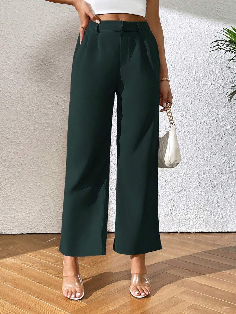 SHEIN PETITE 女士纯色褶皱直筒宽松休闲裤