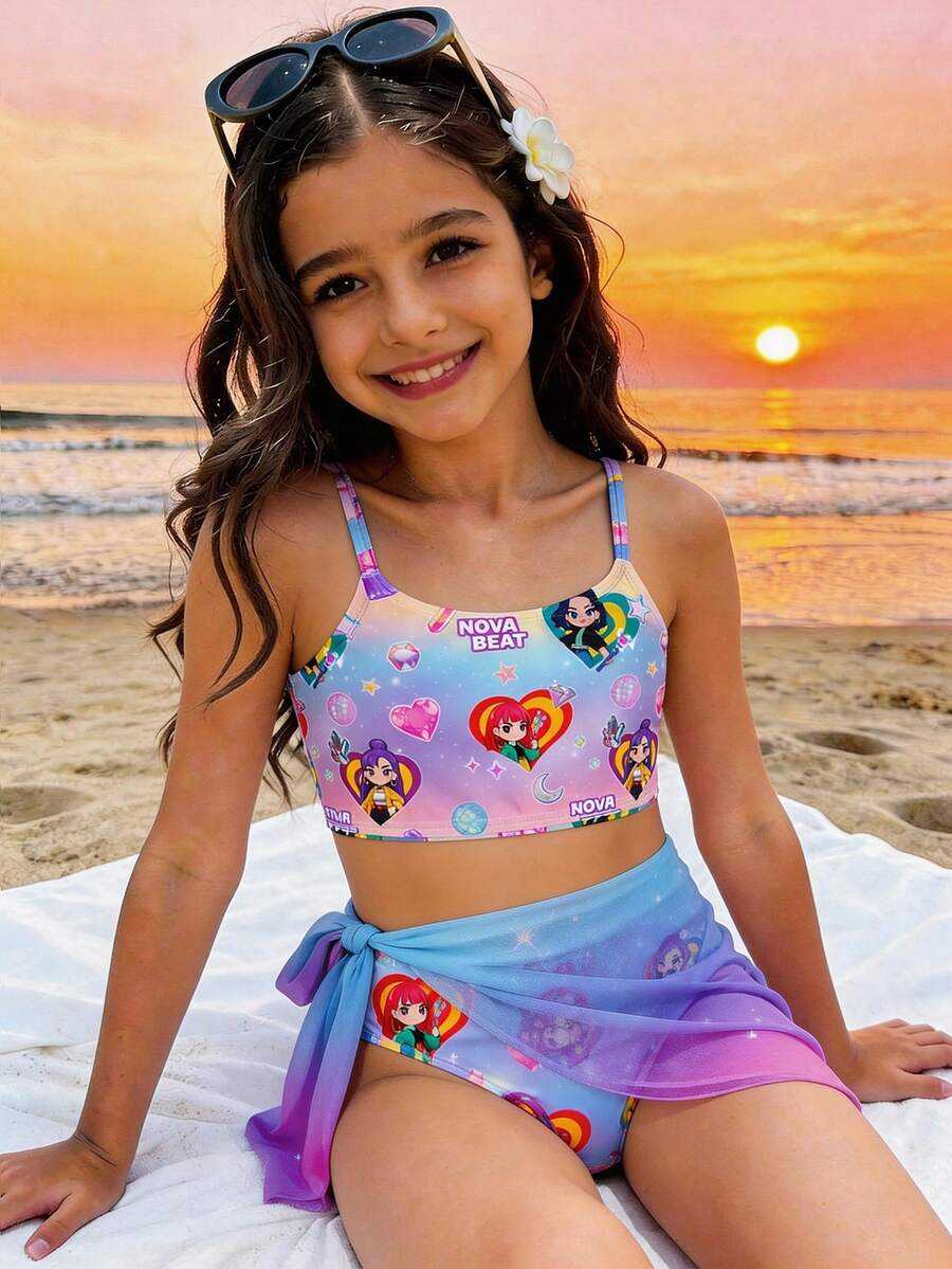 Tween Girl Cartoon Character, Vibrant Purple, K-Pop Superstars , Cartoon Girl Group Camisole Top And Briefs Bikini Set With Mini Skirt Swimsuit 3 PiecesSet, Suitable For Summer - Multicolor - View 1