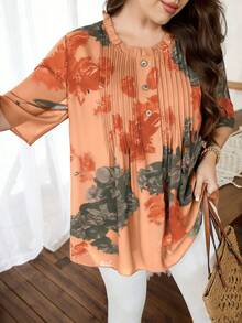 Lacomfia Áo kiểu nữ cỡ lớn dáng rộng bằng chiffon in họa tiết, chi tiết sọc phía trước, tay lửng, có lớp lót, thích hợp cho các dịp thường ngày vào mùa xuân và mùa hè. - trái cam - Xem 4