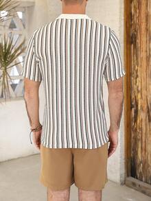 VENTUSAIL Men's Summer Casual Vacation Colorblock Striped Print V-Collar Short Sleeve Polo Shirt And Shorts Set, Holiday - Multicolor - View 2