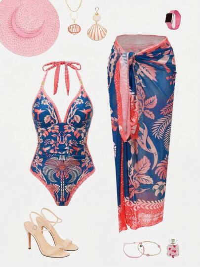 Swim Oasis Áo tắm liền thân cao cấp dành cho nữ, họa tiết cây dừa và hoa Nam Mỹ, thích hợp cho kỳ nghỉ biển.