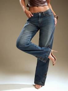 Denimoi Low Rise Slit Ankle Button Detail Straight Leg Jeans Fashionable Streetwear Sexy Jeans Low Rise - Medium Wash - View 2