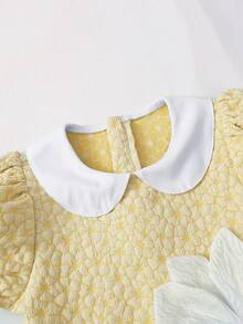 SHEIN Summer 1pc Girls Sweet Ruffled Collar Petal Sleeve Textured Midi Dress With 3D Floral Decor, Suitable For Daily Wear, Outings, And Parties Bohemian Dress - Yellow - View 7