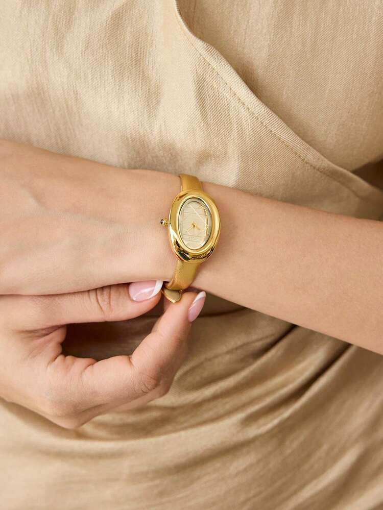 ELLIPTICAL GOLDEN RECTANGLE PATTERN METAL GOLDEN WOMEN'S WATCH