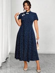 Elenzga Vestido elegante de manga corta con botones y estampado de lunares para mujer de talla grande, adecuado para el Día de San Valentín - Azul Marino - Ver 6