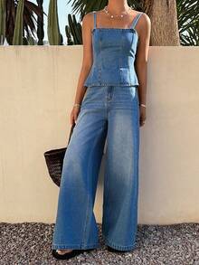 DAZY Bộ đồ nữ đơn sắc tối giản gồm áo hai dây và quần jeans, thích hợp mặc hàng ngày. - Màu xanh lam - Xem 9