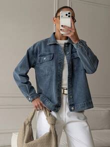 Women's Long Sleeve Single-Breasted Casual Pocket Denim Jacket - Blue - View 3