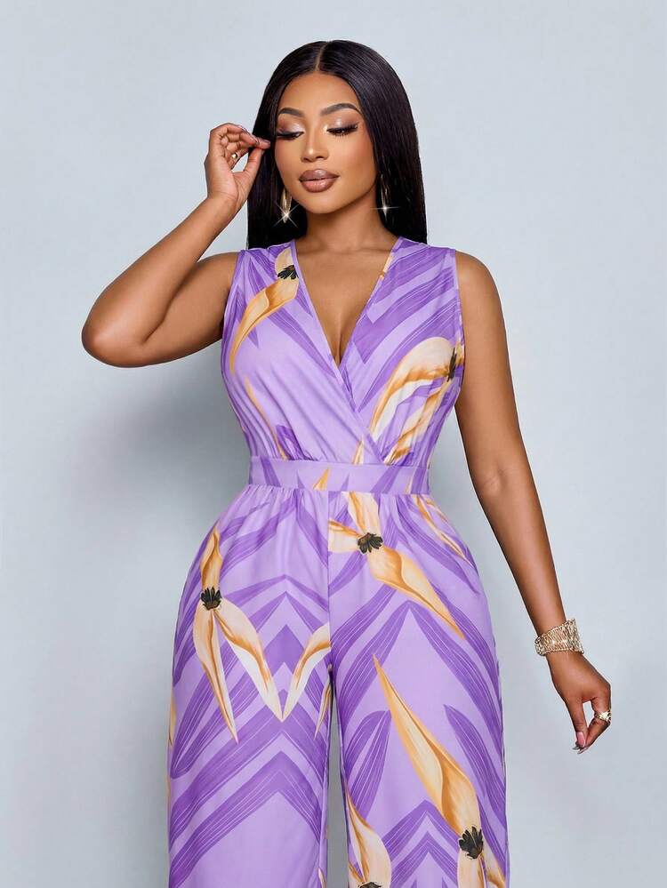 SOLERSUN Bộ jumpsuit không tay in họa tiết hoa lá, eo chun, cổ chữ V dành cho nữ cỡ lớn, thích hợp cho kỳ nghỉ xuân hè và mặc hàng ngày. - Màu tím - Xem 2