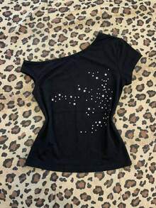 Elamini Camiseta de mujer con hombros asimétricos, cintura elástica, estrella de cinco puntas con strass, y bajo asimétrico en estilo retro y dulce - Negro - Ver 1