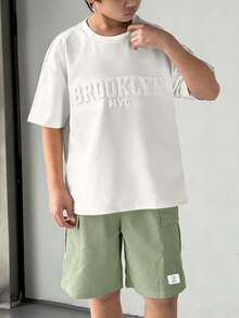 Mirajuku 男童简约压纹圆领T恤和宽松直筒短裤两件套，撞色滚边设计，时尚合身，面料舒适，适合春、夏、秋季穿着。 - 綠色 - 查看 3