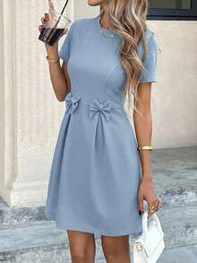 Easowa 女士休闲蝴蝶结短袖黑色派对连衣裙 - 霧霾藍 - 查看 8
