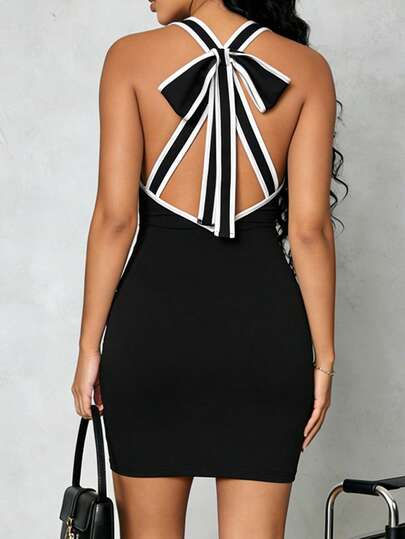 INAWLY Đầm ngắn ôm sát dành cho nữ, cổ chữ V sâu, hở lưng, điểm nhấn là nơ chéo.