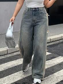 Dazy Plus 拼色蝴蝶结装饰宽松阔腿牛仔裤，休闲女式牛仔裤，四季皆宜 - 中等水洗藍 - 查看 7