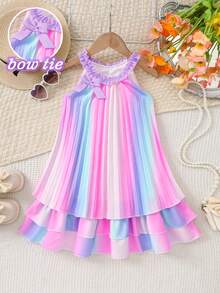 SHEIN Đầm ombre nhiều màu sắc mới cho bé gái, đầm xếp ly ombre bằng vải dệt, đầm 3 lớp màu hồng trơn trang trí nơ phía trước, phù hợp cho bé gái, dễ thương, thanh lịch, thời trang thường ngày, thích hợp cho đi học, đi chơi, nghỉ lễ, mùa xuân/hè. - hồng tím - Xem 6