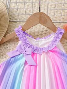SHEIN Đầm ombre nhiều màu sắc mới cho bé gái, đầm xếp ly ombre bằng vải dệt, đầm 3 lớp màu hồng trơn trang trí nơ phía trước, phù hợp cho bé gái, dễ thương, thanh lịch, thời trang thường ngày, thích hợp cho đi học, đi chơi, nghỉ lễ, mùa xuân/hè. - hồng tím - Xem 7