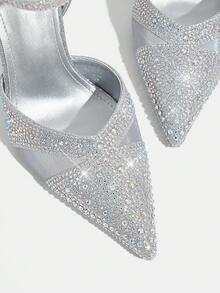 CUCCOO TILAWA 女士时尚尖头全水钻性感露背银色高跟派对凉鞋，系带踝带女式高跟鞋 - 銀色 - 查看 6