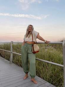 SHEIN Frenchy 大码女式纯色抽绳腰休闲百搭日常运动裤 - 綠色 - 查看 1