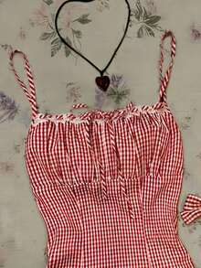 INAWLY Women's Plaid Minimalist Casual Slip Dress - Red - View 3