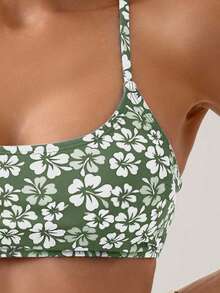 SHEIN Swim Women's Swimsuit Set, Printed Tankini, Wireless - Army Green - View 3