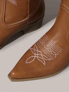 Styleloop Ladies Sexy Casual Western Boots One Pedal Pointed Heel Thick Heel Festival Leather PU Embroidered Handmade Women's Boots Brown Boots - Brown - View 4