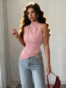 Rafferiza Women's Red Polka Dot Fitted Asymmetric Hem Tank Top - Pink - View 6