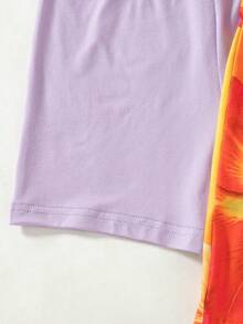 3pcs/Set Toddler Girls' Summer New 2025 Floral Print & Solid Color Romper Shorts, Minimalist Fashionable Vacation Style - Purple - View 3