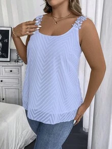 Vionelle 大码女式纹理宽松时尚吊带背心，女士休闲新款上衣，夏季新款女式上衣，夏季可爱女式衬衫，休闲优雅夏季上衣，女士休闲上衣 - 淺藍色 - 查看 6