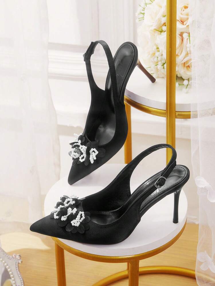 CUCCOO HITCHD Women Shoes Women's High-Heeled Shoes Spring And Summer New Black Faux Pearl Flower Decoration Pointed Stiletto Slingback Buckle 9cm Elegant Satin Solid Color Banquet Wedding Dinner Women's Shoes Wedding Shoes Spring Shoes Bride Shoes