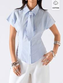 LYSMO 2026 New Arrive Minimalism Spring/Summer Women's Solid Color Mandarin Collar Button Waist Short Sleeve Minimalist Office Shirt - Baby Blue - View 6