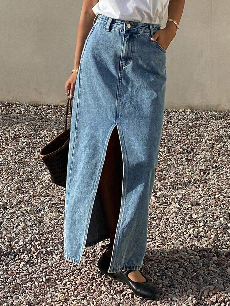 Women's Regular Waist Slit Skirt, Casual Elegant Denim A-Line Skirt