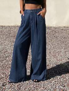 Dazy Tall Tall Women's Striped Fabric Pleated Loose Vacation Style Long Jeans - Medium Wash - View 4