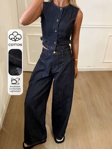 DAZY Bộ đồ denim nữ cổ tròn không tay gồm áo ba lỗ ngắn và quần jeans lửng, phong cách thường ngày năng động, phù hợp với cuộc sống thành thị. - Rửa tối - Xem 1