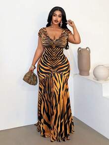 SHEIN CURVE+ Women's Elegant V-Neck Leopard Print Fishtail Hem Design Dress, Suitable For Party, Gathering And Daily Wear - Multicolor - View 5
