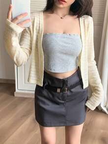 DAZY Áo kiểu ren khoét lỗ màu vàng, thời trang cho tiệc tùng, lễ hội âm nhạc, kỳ nghỉ biển thường ngày, áo cardigan ngắn cho nữ, mùa xuân & hè. - Màu be - Xem 7